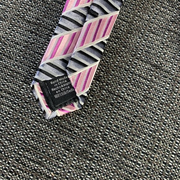 KENNETH ROBERTS Platinum Pink Black Necktie - silk designer geometric striped - Picture 6 of 9